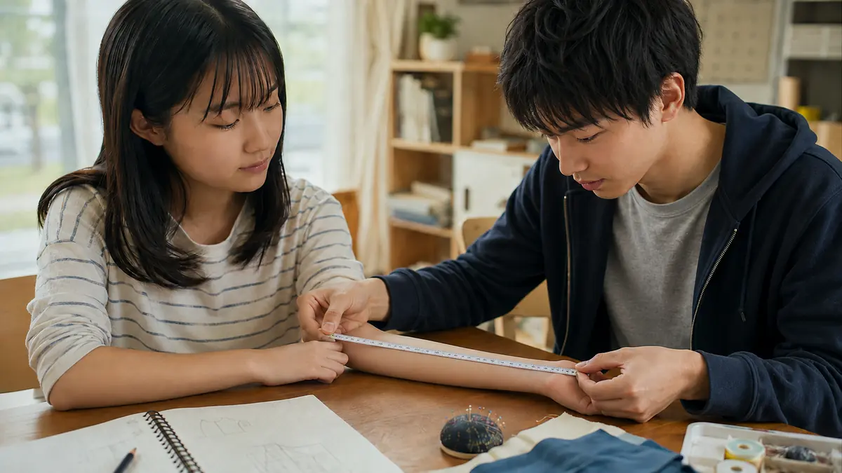 巻き尺で腕の長さを測っている二人。